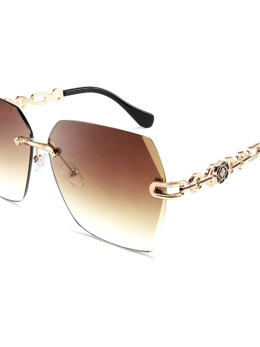 Trendy Women's Rimless Sunglasses in Brown with Elegant Gold Chain Frame